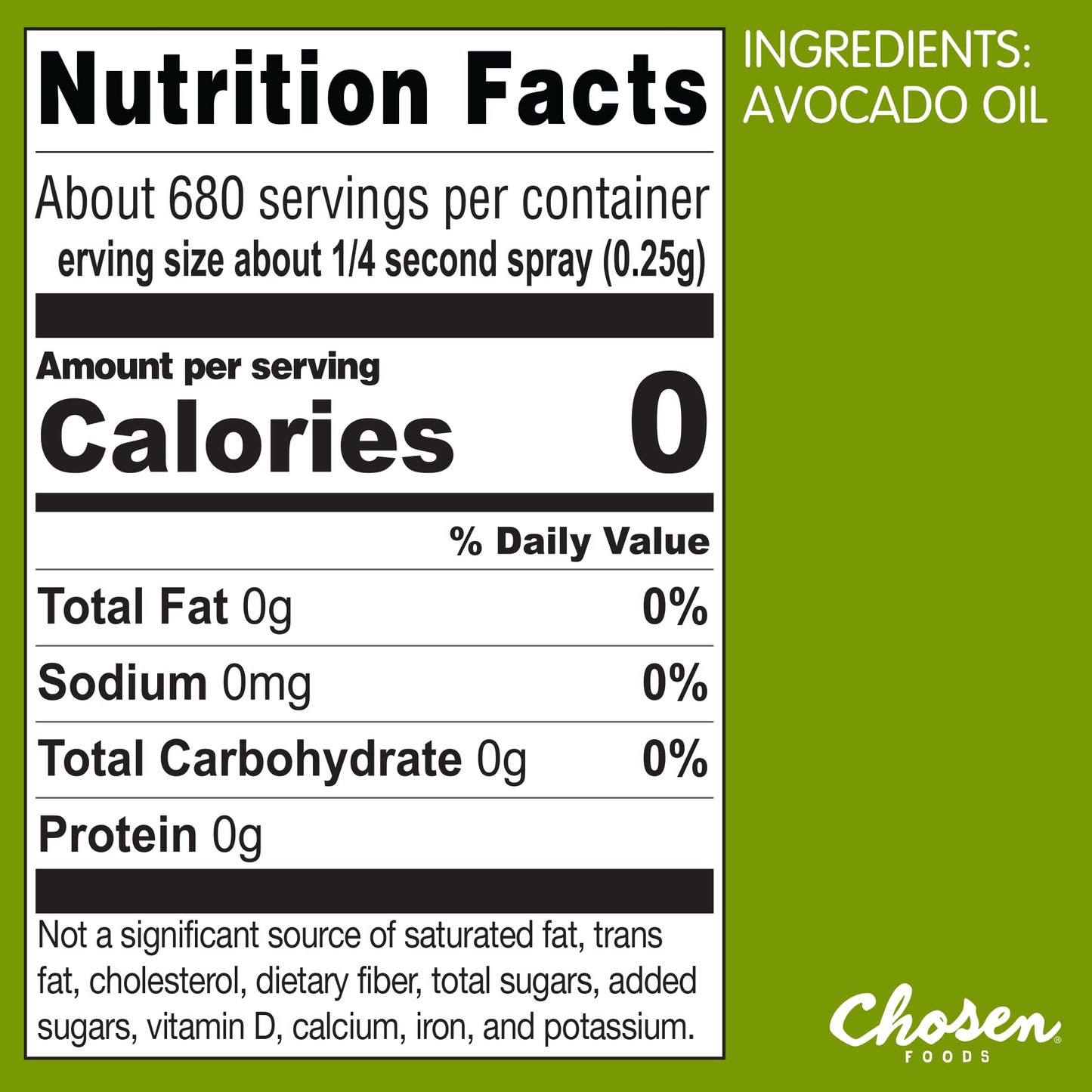 Chosen Foods 100% Pure Avocado Oil Spray, Keto and Paleo Diet Friendly, Kosher Cooking Spray for Baking, High-Heat Cooking and Frying (6 oz)