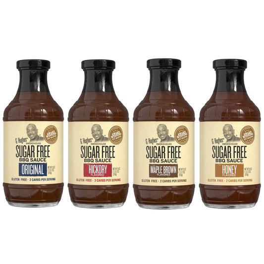 G Hughes Sugar Free, BBQ Sauce Variety Pack - Original, Honey, Maple Brown and Hickory, Gluten Free Sauces, Sugar Free BBQ Sauces, Keto-Friendly Sauces - 18 Oz (4-Pack)