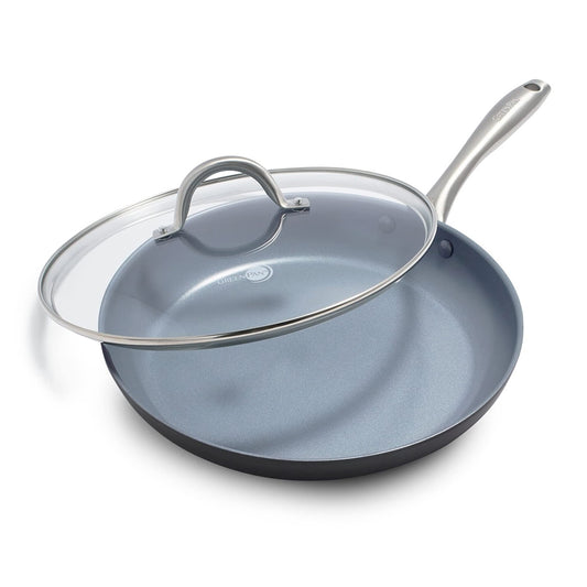 GreenPan Lima Ceramic Hard Anodized 12" Frying Pan Skillet with Lid, PFAS/PFOA-Free Nontoxic Pots and Pans, Oven & Broiler Safe, Stainless Steel Handle, Cookware for Eggs & Omelet, Gray