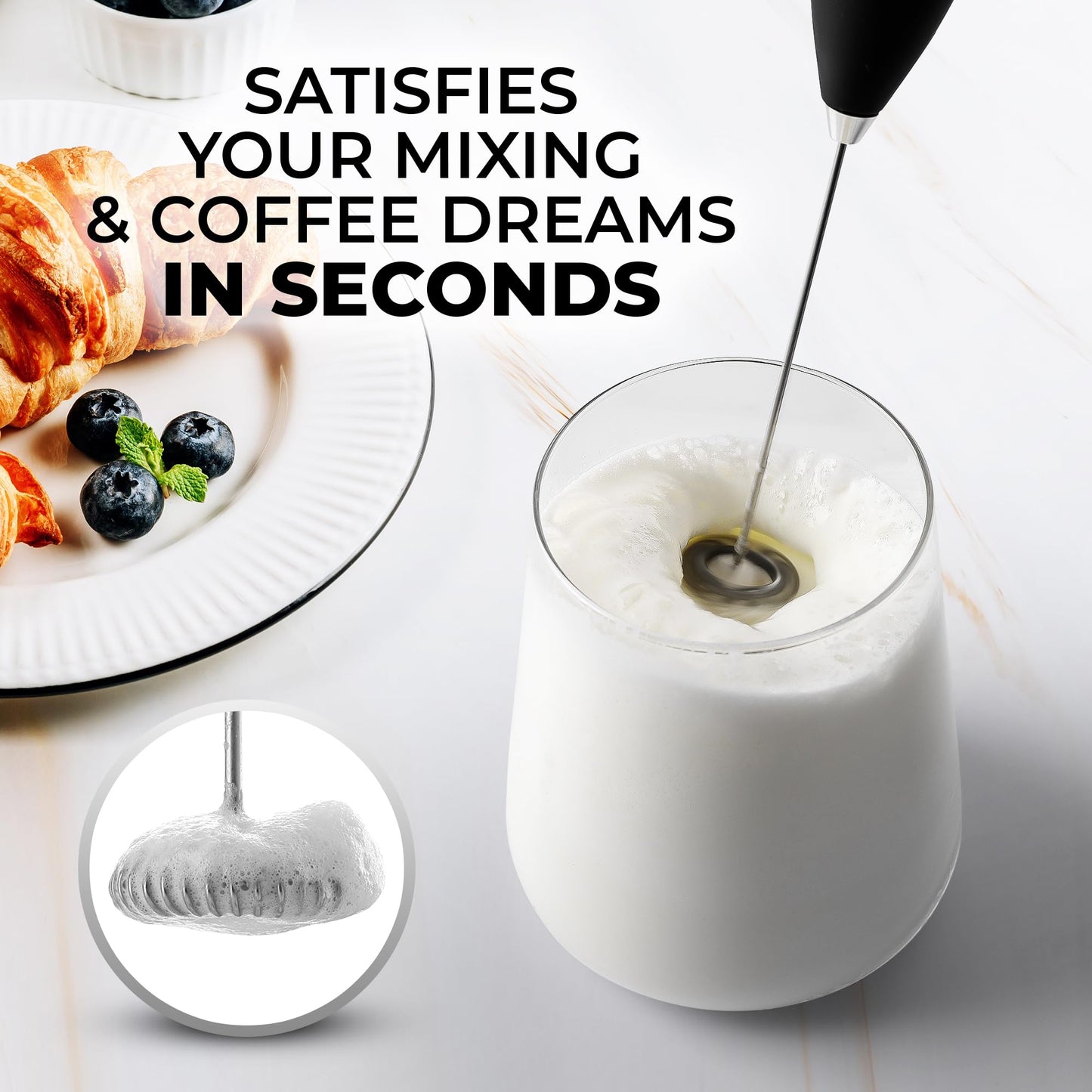 Zulay Kitchen Powerful Milk Frother Wand - Ultra Fast Handheld Drink Mixer - Electric Whisk Foam Maker for Coffee, Lattes, Cappuccino, Frappe, Matcha, Hot Chocolate & Coffee Creamer - Milk Boss Black