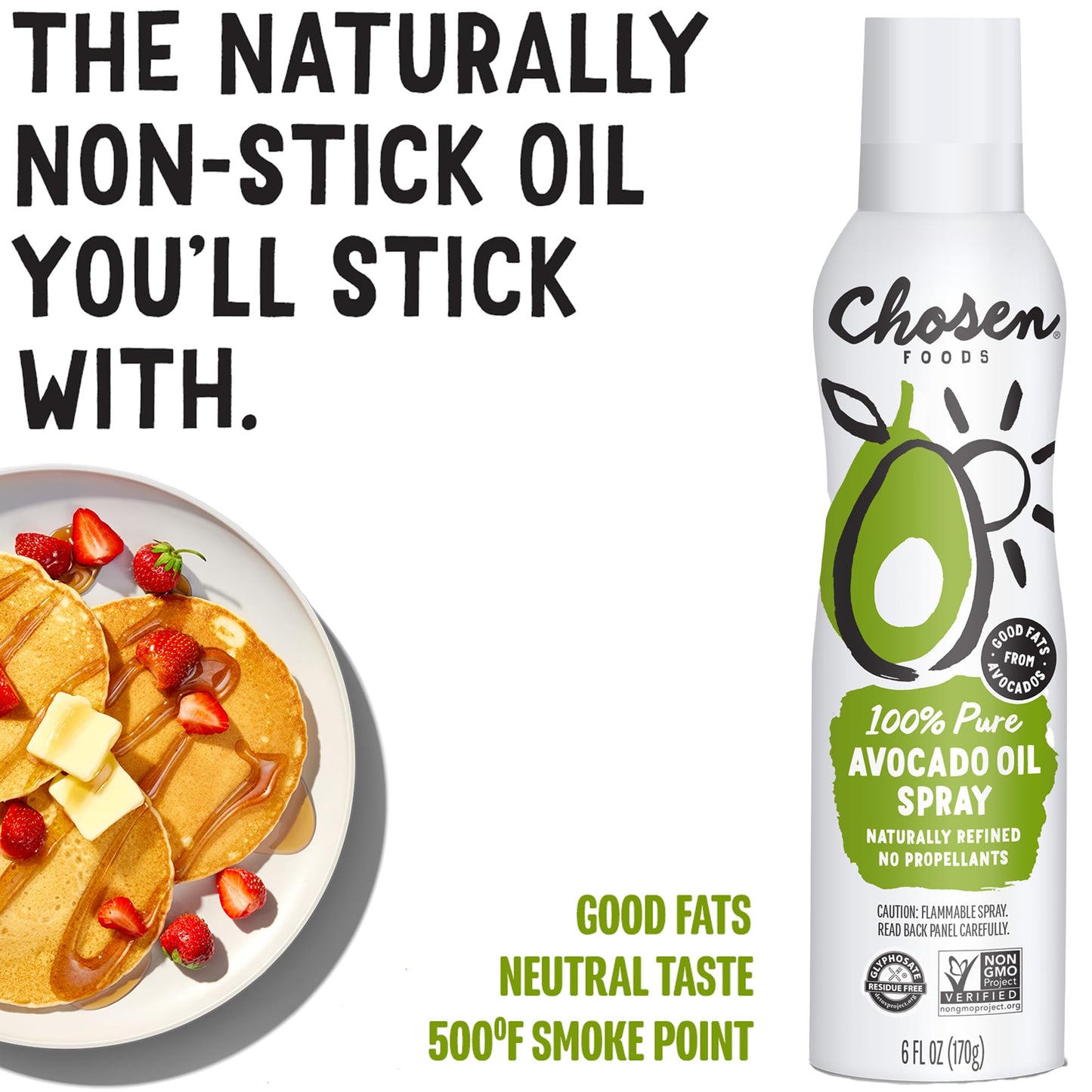 Chosen Foods 100% Pure Avocado Oil Spray, Keto and Paleo Diet Friendly, Kosher Cooking Spray for Baking, High-Heat Cooking and Frying (6 oz)