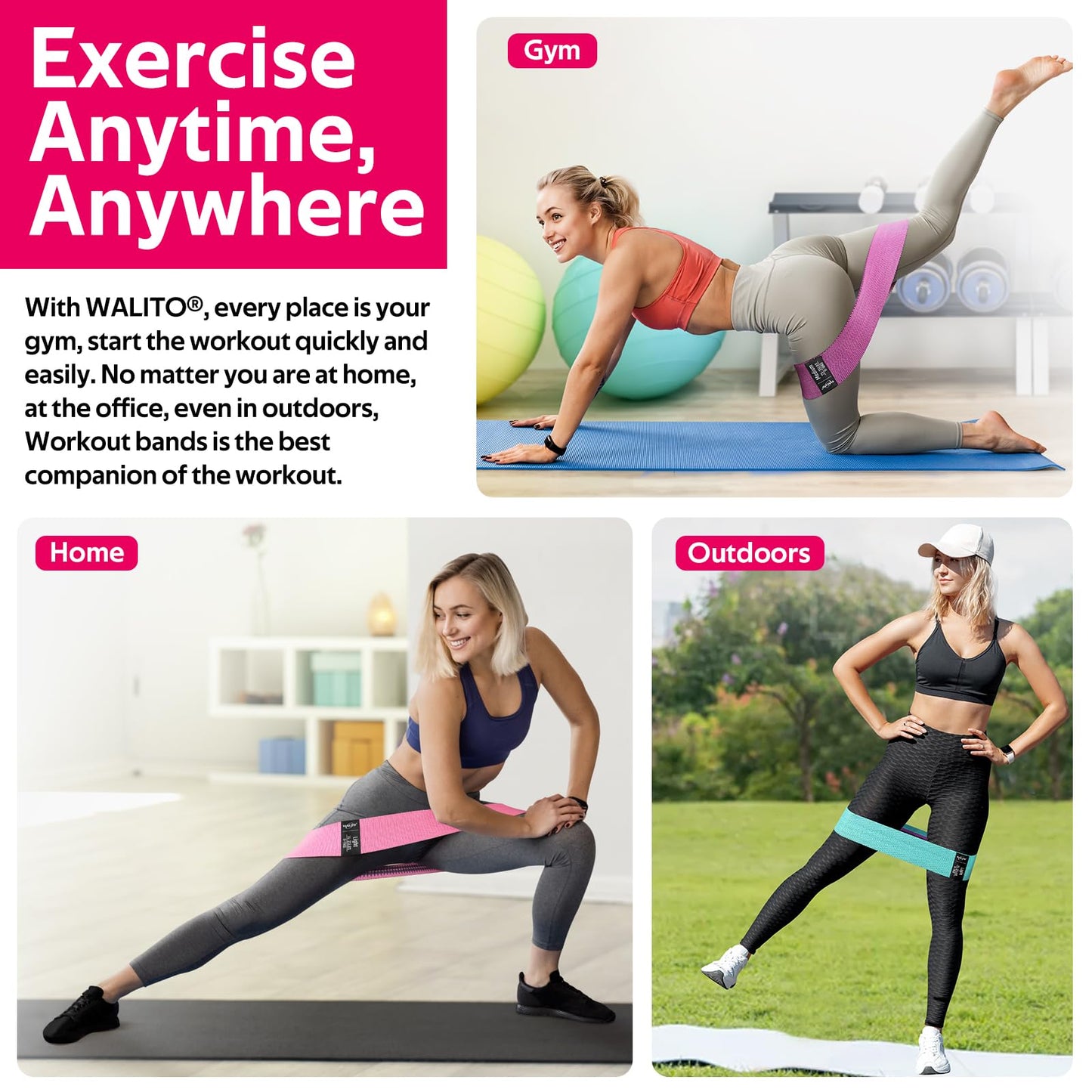 WALITO Resistance Bands for Legs and Butt, Fabric Exercise Loop Bands Yoga, Pilates, Rehab, Fitness and Home Workout, Strength Bands for Booty