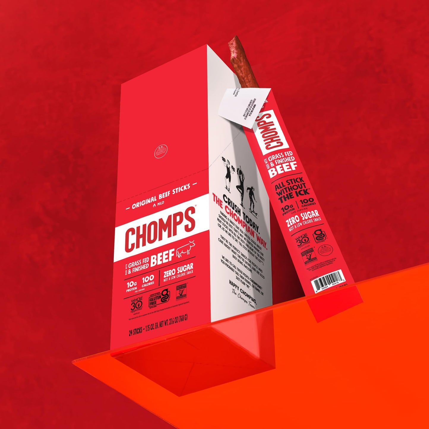 Chomps Grass-Fed and Finished Original Beef Jerky Snack Sticks 24-Pack, Keto, Paleo, Whole30, 10g Protein, Gluten-Free