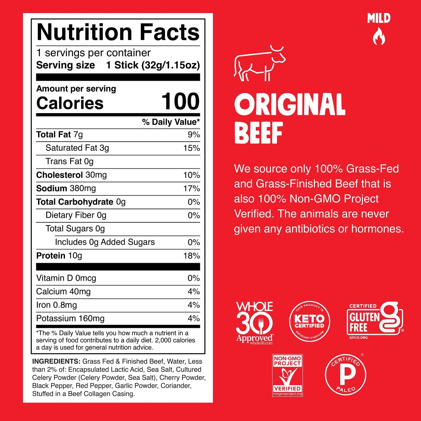 Chomps Grass-Fed and Finished Original Beef Jerky Snack Sticks 24-Pack, Keto, Paleo, Whole30, 10g Protein, Gluten-Free