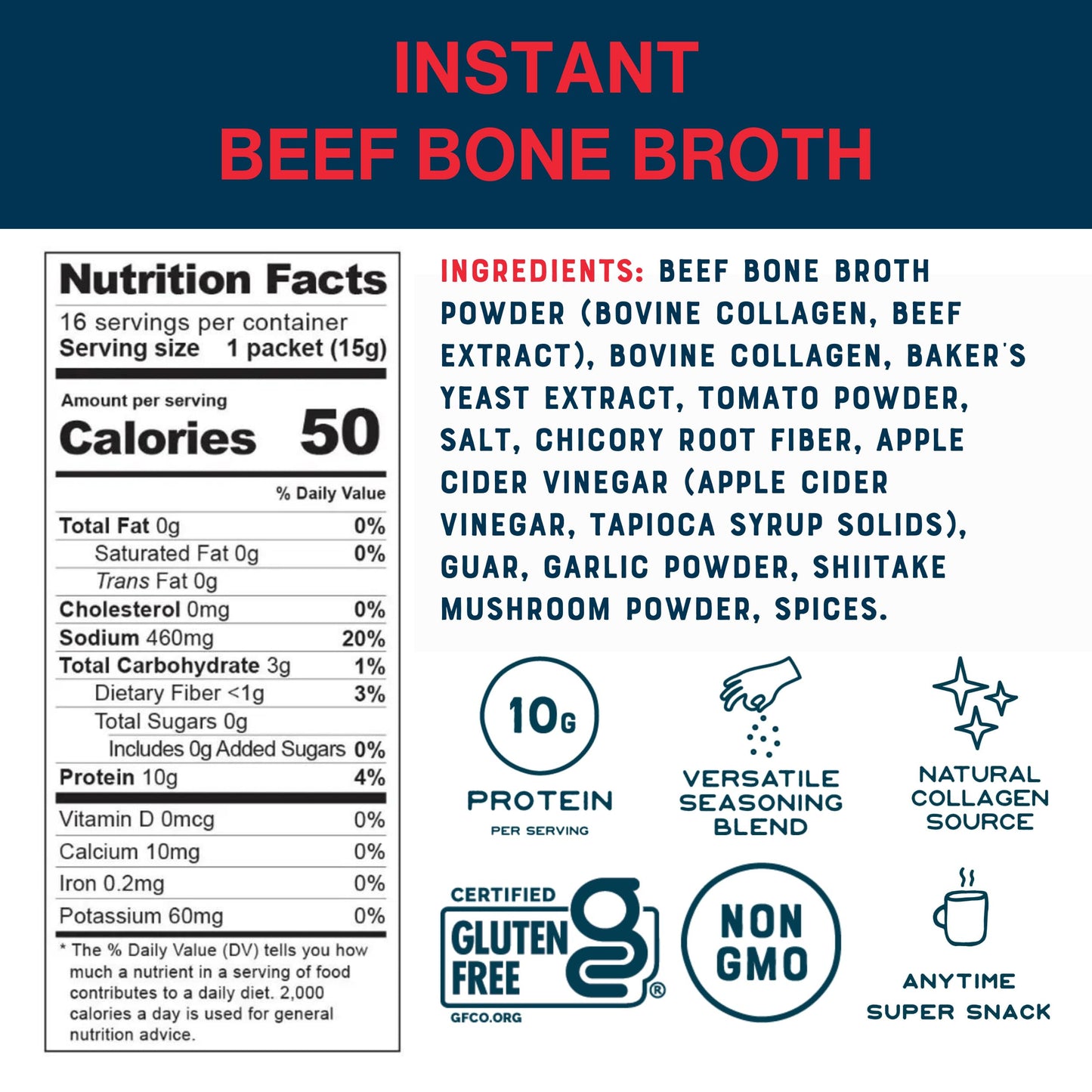 Bare Bones Beef Bone Broth Instant Powdered Mix | Rich Savory Packets on-the-Go No Artificial Flavors | Keto & Paleo Friendly | 10g Protein | 16 Pack