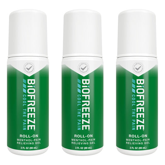 Biofreeze Pain Relief Roll-On, Knee & Lower Back Pain Relief Patch, Sore Muscle Relief, Neck Pain Relief, Shoulder Pain Relief, FSA Eligible, 3 Pack (3 OZ Biofreeze Menthol Roll-On)