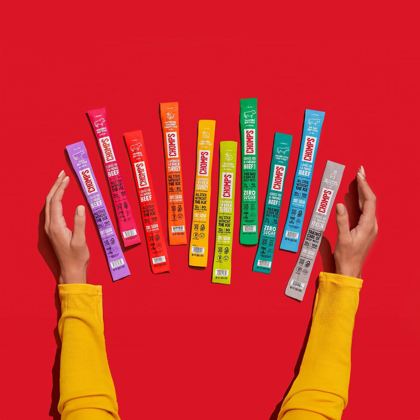 Chomps Grass-Fed and Finished Original Beef Jerky Snack Sticks 24-Pack, Keto, Paleo, Whole30, 10g Protein, Gluten-Free