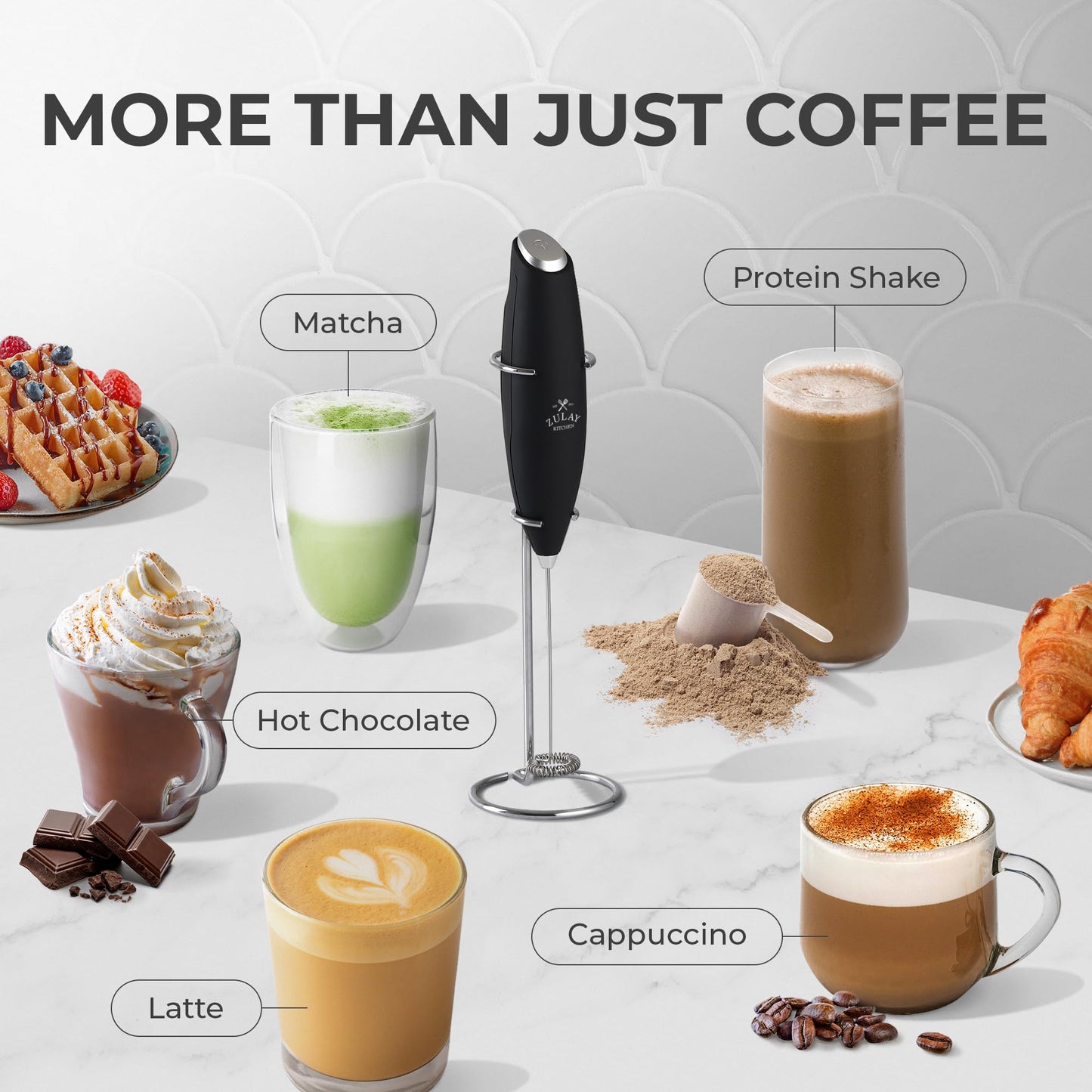 Zulay Kitchen Powerful Milk Frother Wand - Ultra Fast Handheld Drink Mixer - Electric Whisk Foam Maker for Coffee, Lattes, Cappuccino, Frappe, Matcha, Hot Chocolate & Coffee Creamer - Milk Boss Black