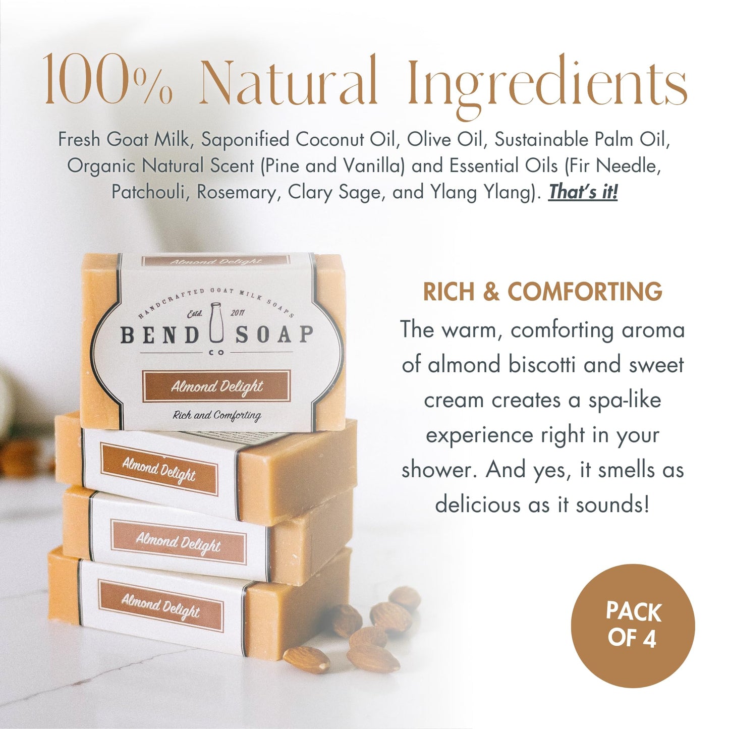 Bend Soap Company All Natural Handmade Goat Milk Soap for Dry Skin Relief, Almond Delight, 4.5 oz Bars, 4 Pack