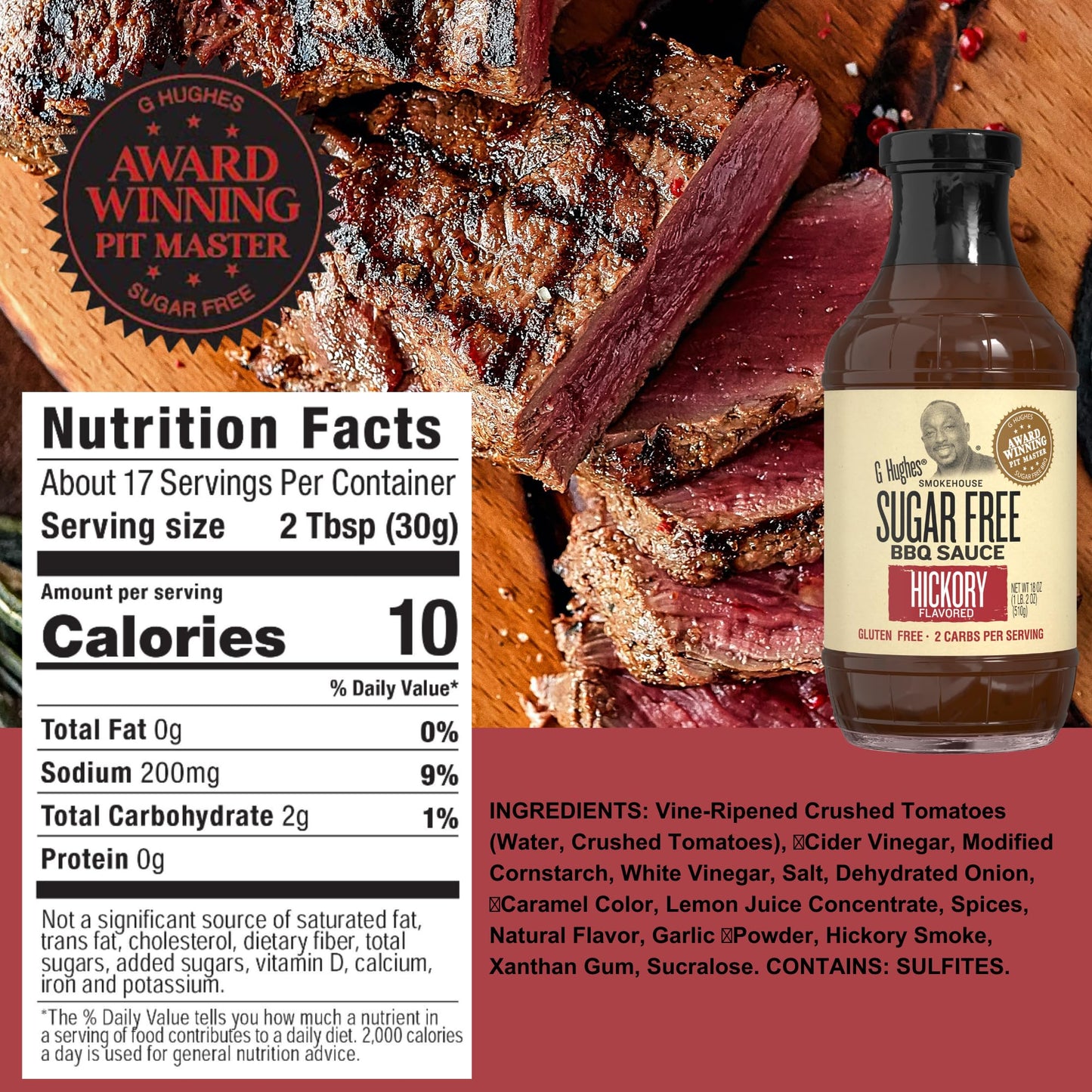 G Hughes Sugar Free, BBQ Sauce Variety Pack - Original, Honey, Maple Brown and Hickory, Gluten Free Sauces, Sugar Free BBQ Sauces, Keto-Friendly Sauces - 18 Oz (4-Pack)
