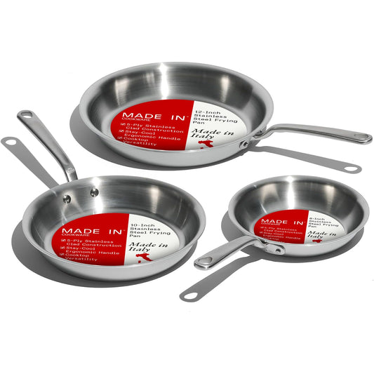 Made In Cookware - 3-Piece (Includes 8",10",12") Stainless Frying Pan Set - 5 Ply Stainless Clad - Professional Cookware - Crafted in Italy - Induction Compatible