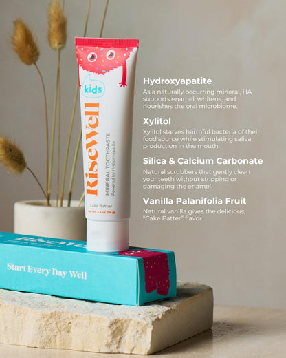 RiseWell Mineral Toothpaste for Kids - Hydroxyapatite Toothpaste with Xylitol for Teeth Protection - Made by Dentists, Safe to Swallow, Gentle and All Natural - Cake Batter Flavor, 3.4 Oz