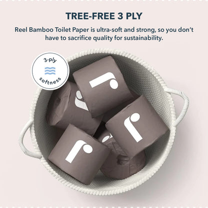 Reel Premium 3-Ply Bamboo Toilet Paper, Unbleached - 12 Rolls, 300 Sheets per Roll - Non-Toxic, Chemical & Bleach Free Toilet Paper - Tree-Free, Septic Safe - Bath Tissues with Zero Plastic Packaging