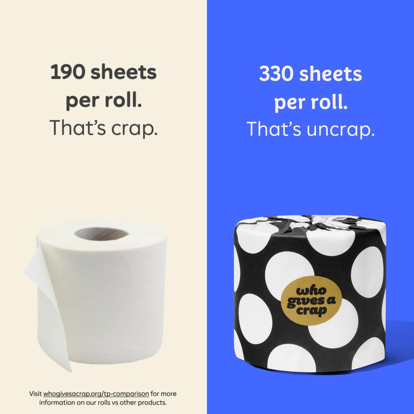 Who Gives A Crap 100% Bamboo Toilet Paper, 16 Rolls, 3 Ply, 330 Sheets, Long, Strong & Soft Toilet Tissue, Sustainable, Biodegradable, Renewable, Tree Free Bathroom Tissue Made with Bamboo Fibers