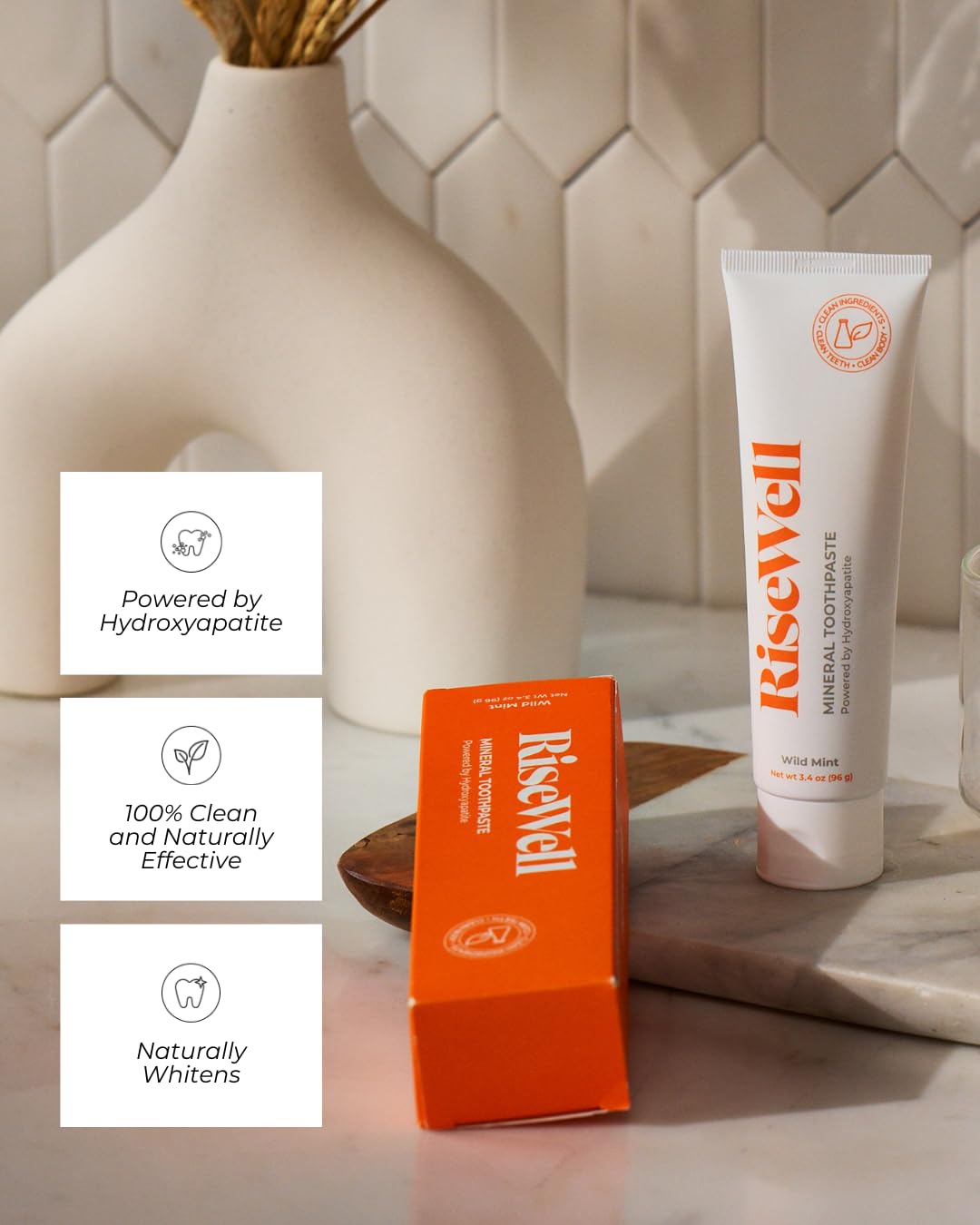 RiseWell Mineral Toothpaste - All Natural Toothpaste with Hydroxyapatite - Made in the USA, Natural SLS-Free Toothpastes - for a Stronger and Healthier Teeth, Wild Mint, 3.4 Oz