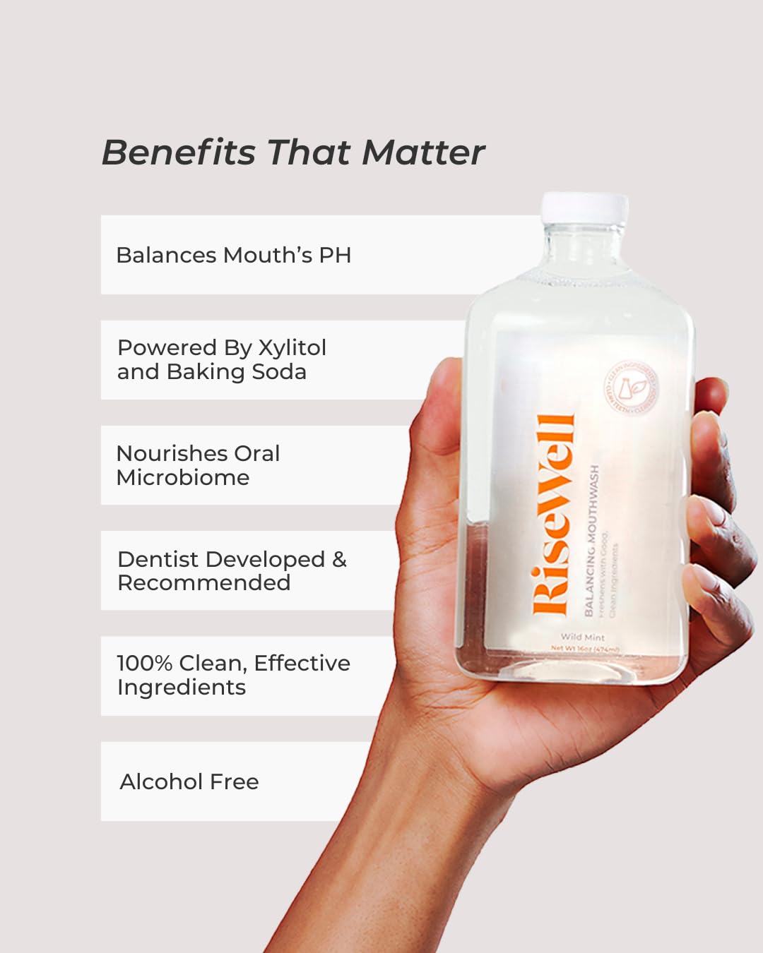RiseWell Balancing Mouthwash - pH Balancing Alkaline Alcohol Free Mouthwash - Dentist Developed Dry Mouth Rinse and Breath Freshener - Natural, SLS-Free - Fresh Cool Breath - Wild Mint, 16 Oz