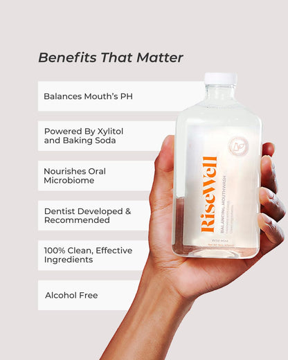 RiseWell Balancing Mouthwash - pH Balancing Alkaline Alcohol Free Mouthwash - Dentist Developed Dry Mouth Rinse and Breath Freshener - Natural, SLS-Free - Fresh Cool Breath - Wild Mint, 16 Oz