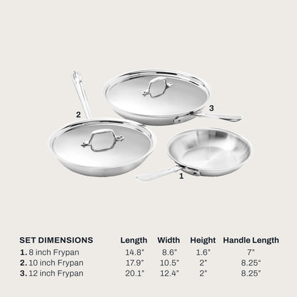 All-Clad D3® Stainless Steel 5 Piece Frypan Set- Made in USA- Includes 8", 10" and 12" Frying Pans With Lid - Professional Grade -Oven Safe & Induction Compatible