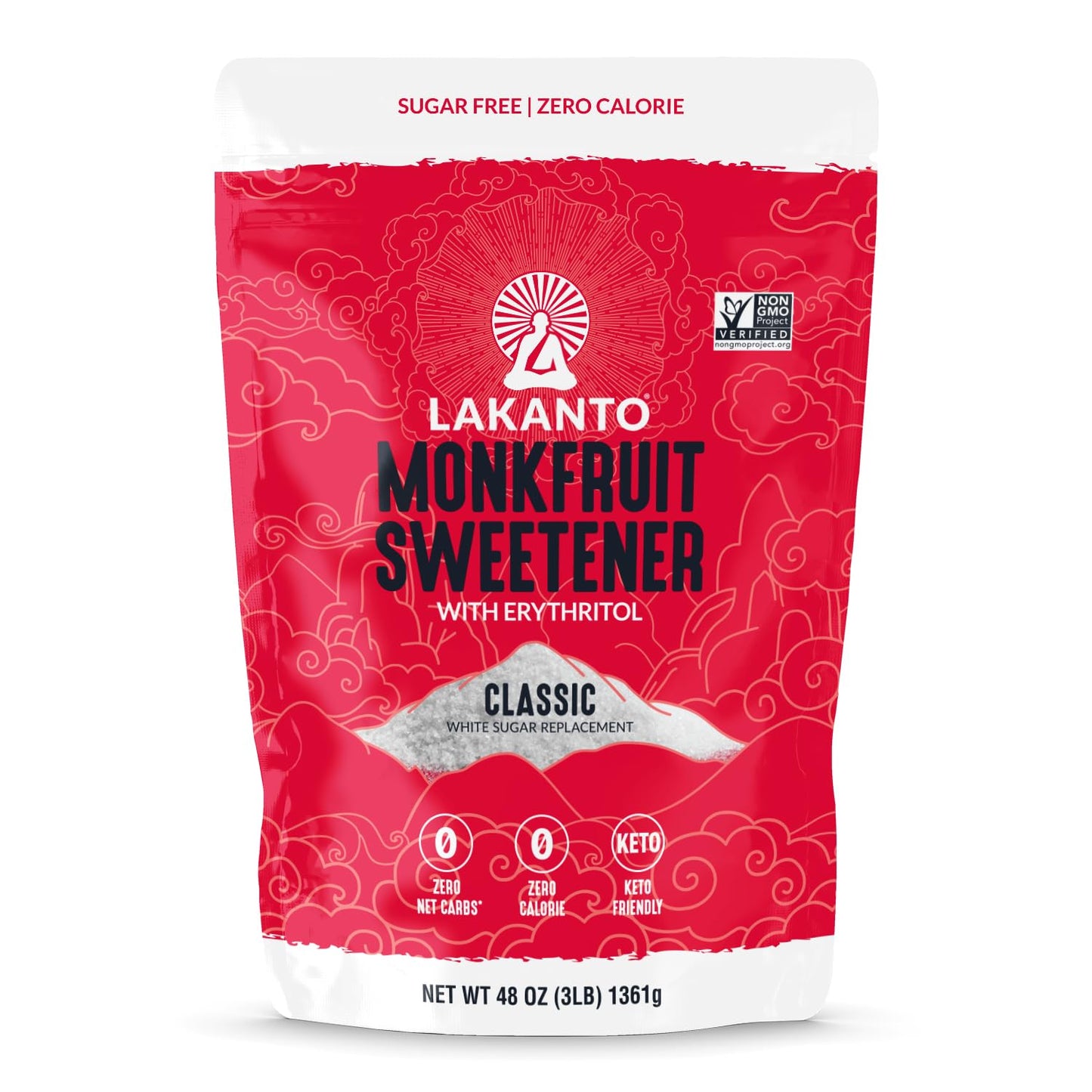 Lakanto Monk Fruit Sweetener With Erythritol, White Sugar Substitute From Monk Fruit Extract, Classic White Sugar Replacement for Baking, Coffee & Tea, Gluten Free, Low Carb, Non GMO, Keto, 3 LB Bag