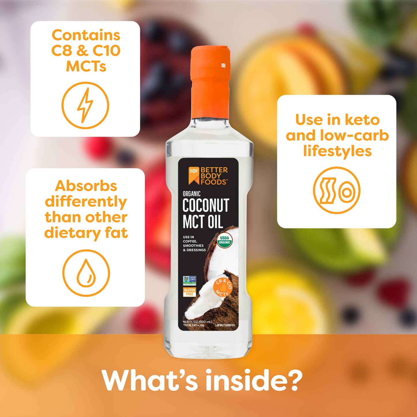 BetterBody Foods Organic Coconut MCT Oil - Energy Boosting- Keto-Friendly - C8 & C10 - Gluten Free - 16.9 oz