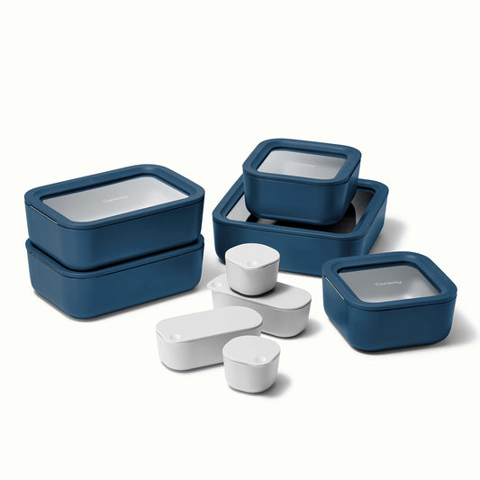 Caraway Glass Food Storage Set, 14 Pieces - Ceramic Coated Food Containers - Easy to Store, Non Toxic Lunch Box Containers with Glass Lids - Includes Storage Organizer & Dot & Dash Inserts - Navy