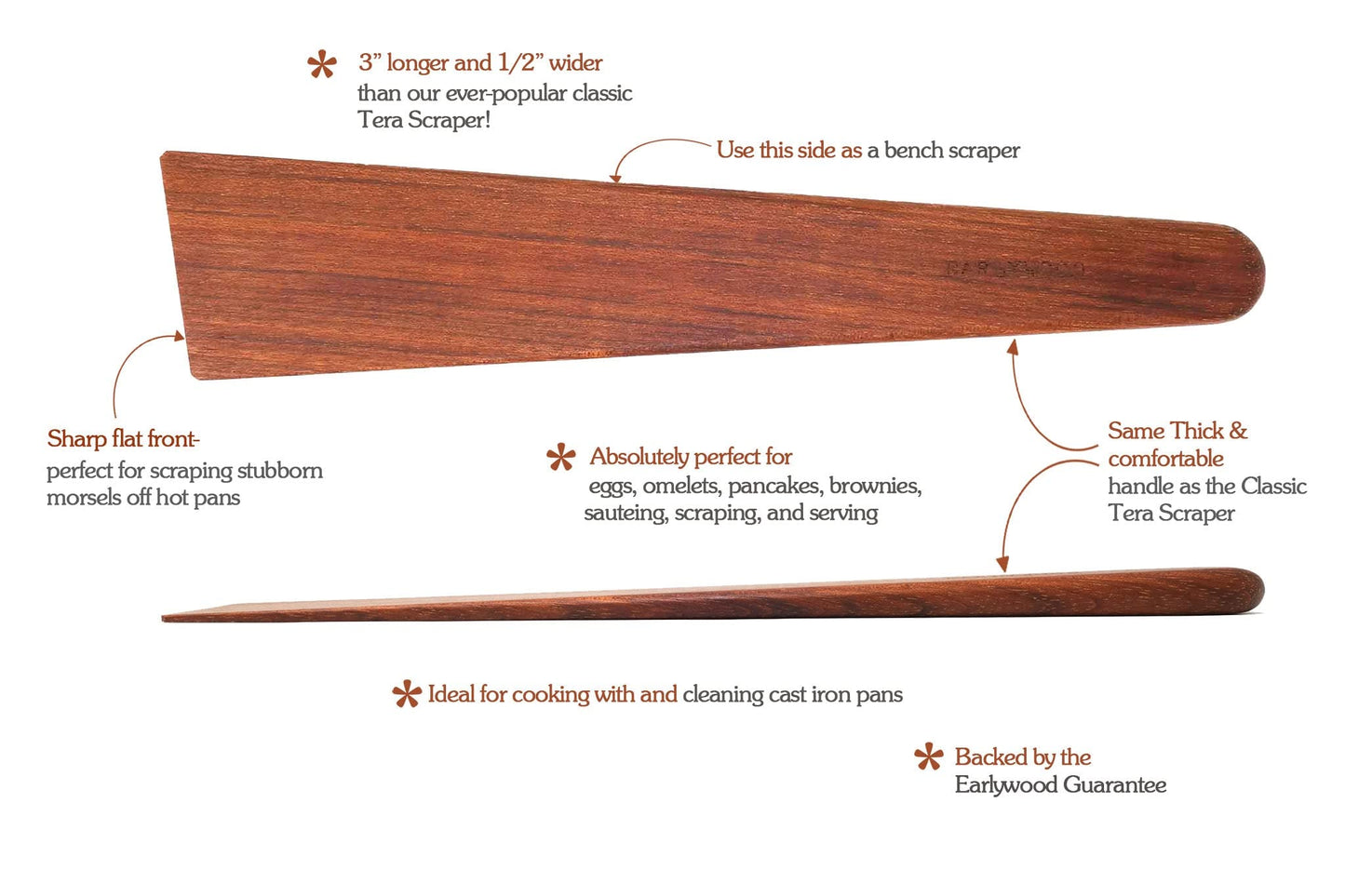 Earlywood 13 inch Handmade Wood Cooking Utensil for Kitchen, Multi-Purpose Scraper and Egg Turner, Cast Iron Scraper and Saute Spatula - Made in USA - Jatoba