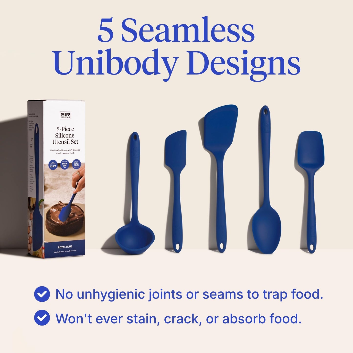 GIR 5-Piece Silicone Kitchen Utensils Set, Non-Toxic Cooking Utensils for Cooking and Baking, Heat Resistant, Food Grade, Dishwasher Safe Rubber Spatula, Ladle, Spoon - Royal Blue