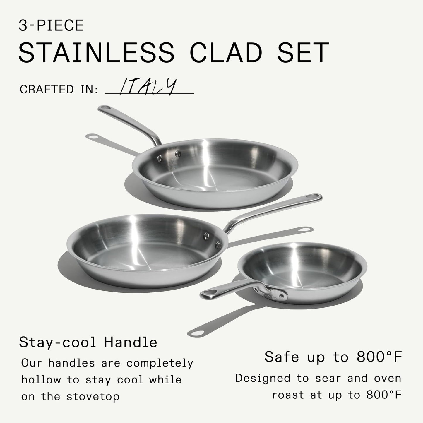 Made In Cookware - 3-Piece (Includes 8",10",12") Stainless Frying Pan Set - 5 Ply Stainless Clad - Professional Cookware - Crafted in Italy - Induction Compatible