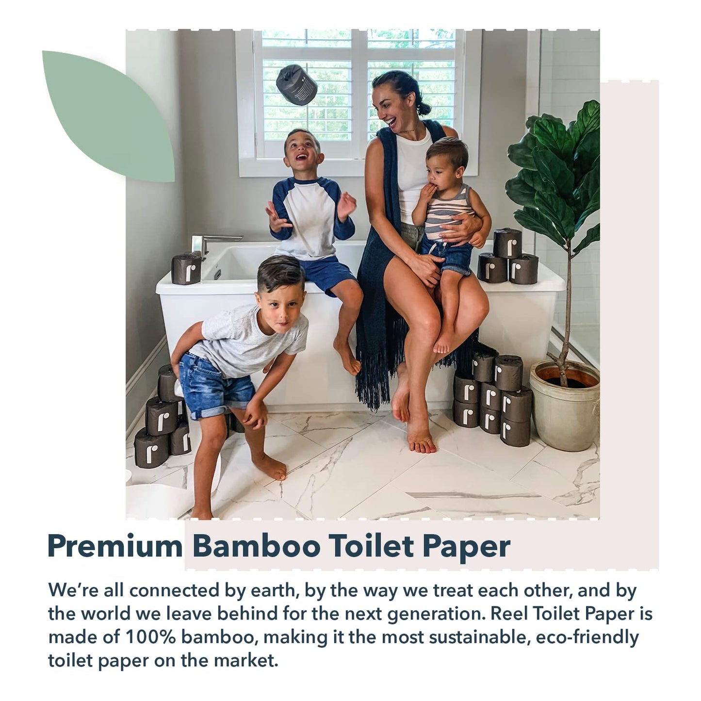 Reel Premium 3-Ply Bamboo Toilet Paper, Unbleached - 12 Rolls, 300 Sheets per Roll - Non-Toxic, Chemical & Bleach Free Toilet Paper - Tree-Free, Septic Safe - Bath Tissues with Zero Plastic Packaging