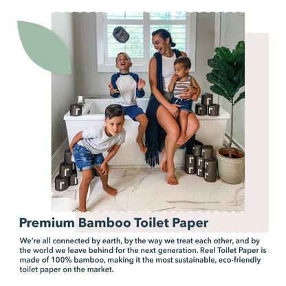 Reel Premium 3-Ply Bamboo Toilet Paper, Unbleached - 12 Rolls, 300 Sheets per Roll - Non-Toxic, Chemical & Bleach Free Toilet Paper - Tree-Free, Septic Safe - Bath Tissues with Zero Plastic Packaging