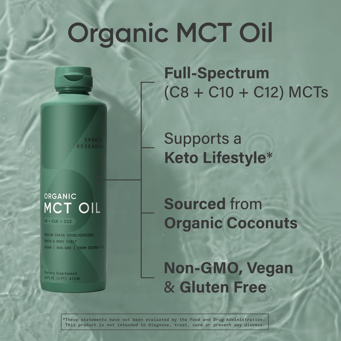 Sports Research® Organic Coconut MCT Oil, 16oz (Unflavored)