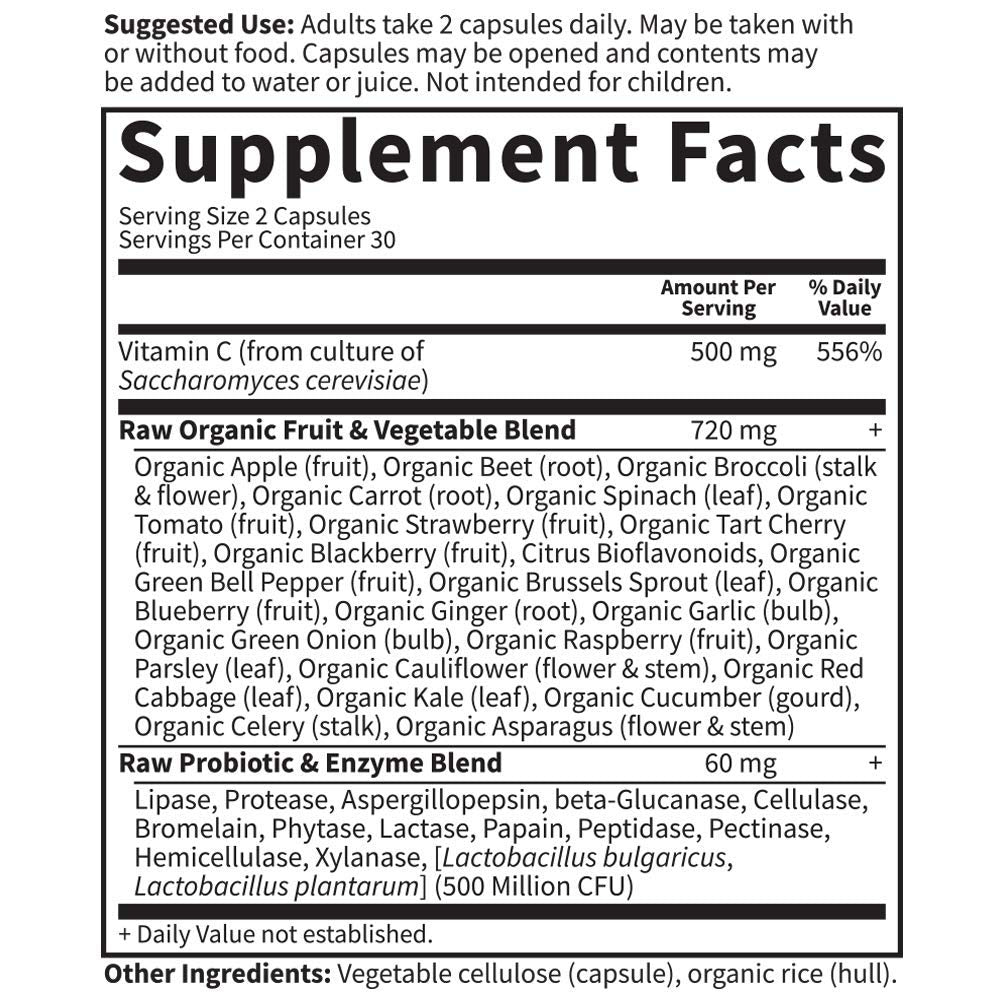 Garden of Life Vitamin Code Raw Vitamin C - 60 Capsules, 500mg Whole Food Vitamin C, Fruit & Veggie Blend, Probiotics, Vitamin C Capsules, C Vitamins Supplements for Adults, Vegan, Gluten Free