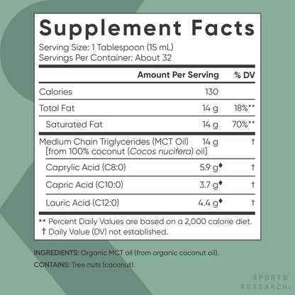 Sports Research® Organic Coconut MCT Oil, 16oz (Unflavored)