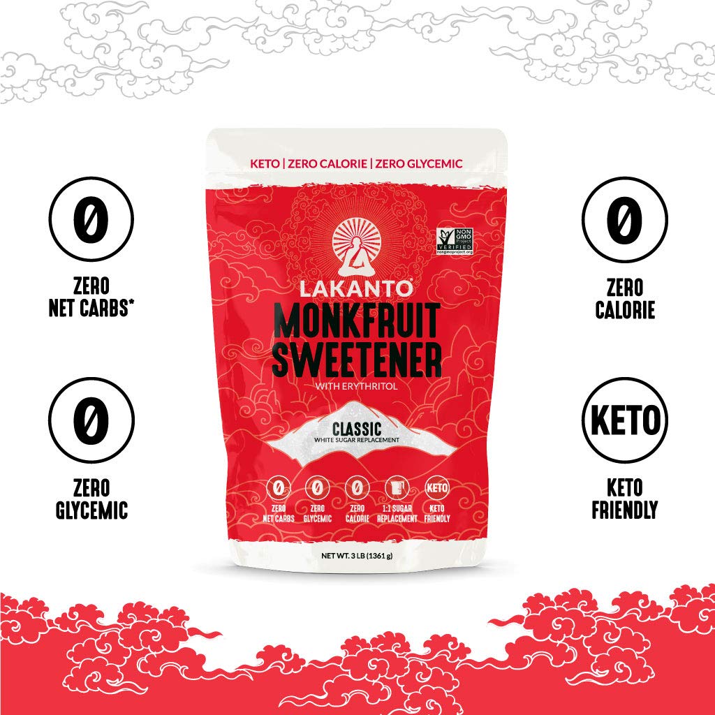 Lakanto Monk Fruit Sweetener With Erythritol, White Sugar Substitute From Monk Fruit Extract, Classic White Sugar Replacement for Baking, Coffee & Tea, Gluten Free, Low Carb, Non GMO, Keto, 3 LB Bag