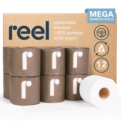 Reel Premium 3-Ply Bamboo Toilet Paper, Unbleached - 12 Rolls, 300 Sheets per Roll - Non-Toxic, Chemical & Bleach Free Toilet Paper - Tree-Free, Septic Safe - Bath Tissues with Zero Plastic Packaging