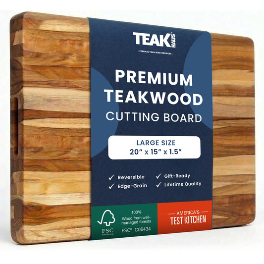 Teakhaus Cutting Board - Large (L) Teak Wood Cutting Board 20”L x 15”W x 1.5” Thick - Sustainably Harvested and FSC Certified - Knife Friendly with Natural Oil Finish