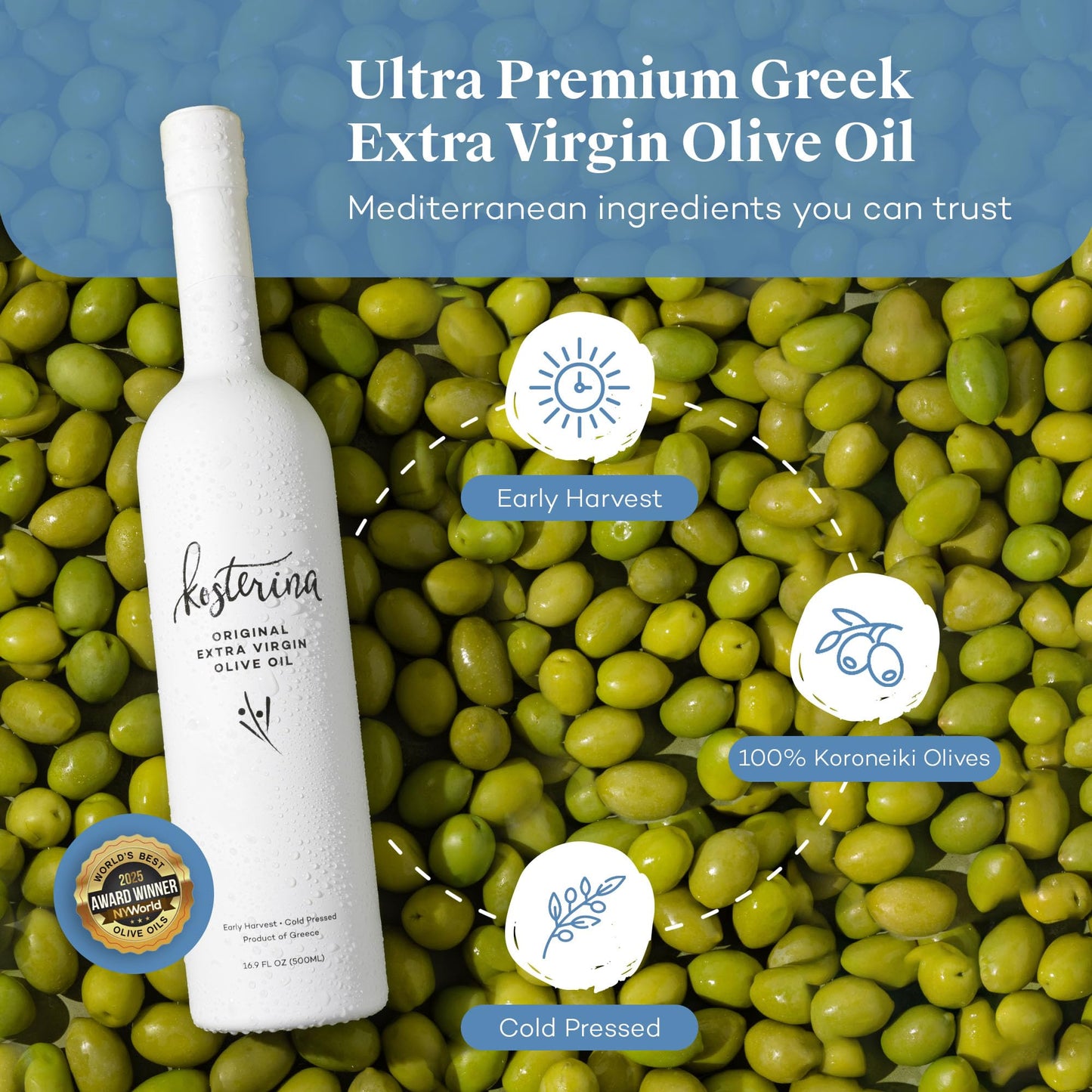 Kosterina Original Extra Virgin Olive Oil | Polyphenol Rich Greek Olive Oil, Cold-Pressed EVOO, Early Harvest Koroneiki Olives | Harvested in Greece (16.9 oz)