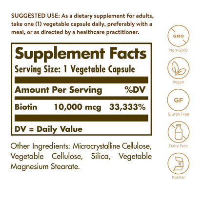 Solgar Biotin 10,000 mcg, 120 Vegetable Capsules - Energy, Metabolism, Promotes Healthy Skin, Nails & Hair - Super High Potency - Non-GMO, Vegan, Gluten, Dairy Free, Kosher - 120 Servings