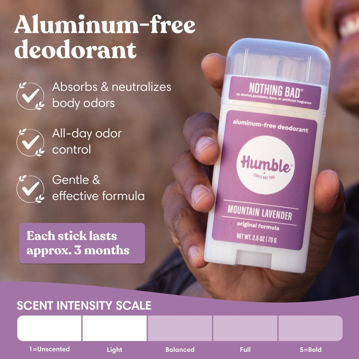 Humble Aluminum-Free Deodorant for Women & Men, Mountain Lavender - Clean & Fresh Natural Deodorant Stick with Essential Oils for Long-Lasting Odor Control - 1 Pack