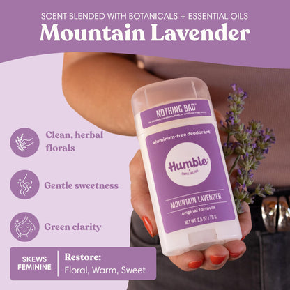 Humble Aluminum-Free Deodorant for Women & Men, Mountain Lavender - Clean & Fresh Natural Deodorant Stick with Essential Oils for Long-Lasting Odor Control - 1 Pack