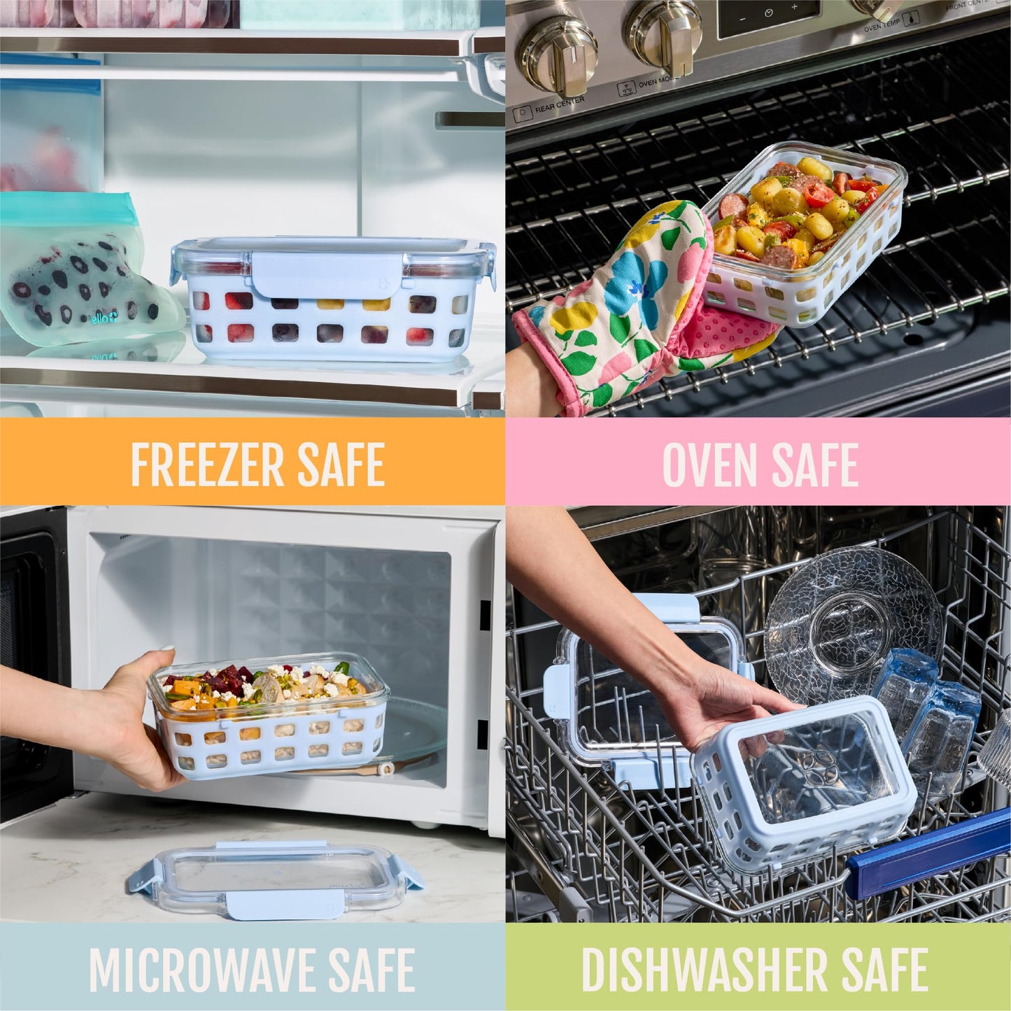 Ello Duraglass 3.4 Cup Meal Prep Sets 10Pc, 5 Pack Set- Glass Food Storage Container with Silicone Sleeve and Airtight BPA-Free Plastic Lids, Dishwasher, Microwave, and Freezer Safe, Meadow