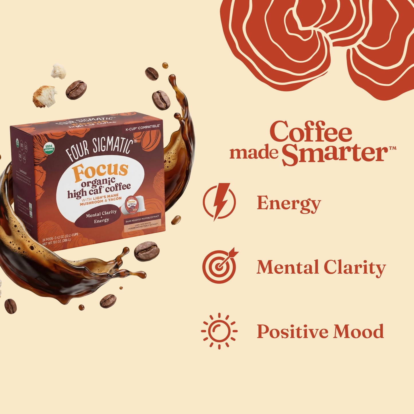 Four Sigmatic High Caffeine Mushroom Coffee K-Cups | Organic Dark Roast Coffee with Lion’s Mane & Chaga | Focus & Immune Support | Vegan & Keto | Sustainable Pods | 24 Count