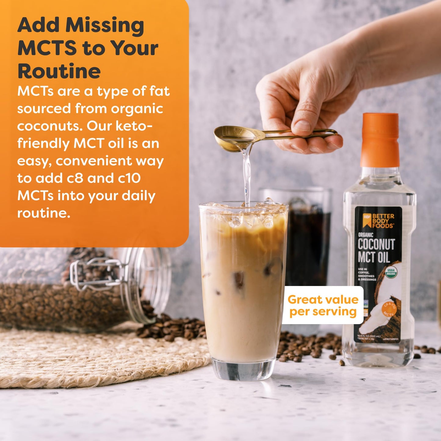 BetterBody Foods Organic Coconut MCT Oil - Energy Boosting- Keto-Friendly - C8 & C10 - Gluten Free - 16.9 oz