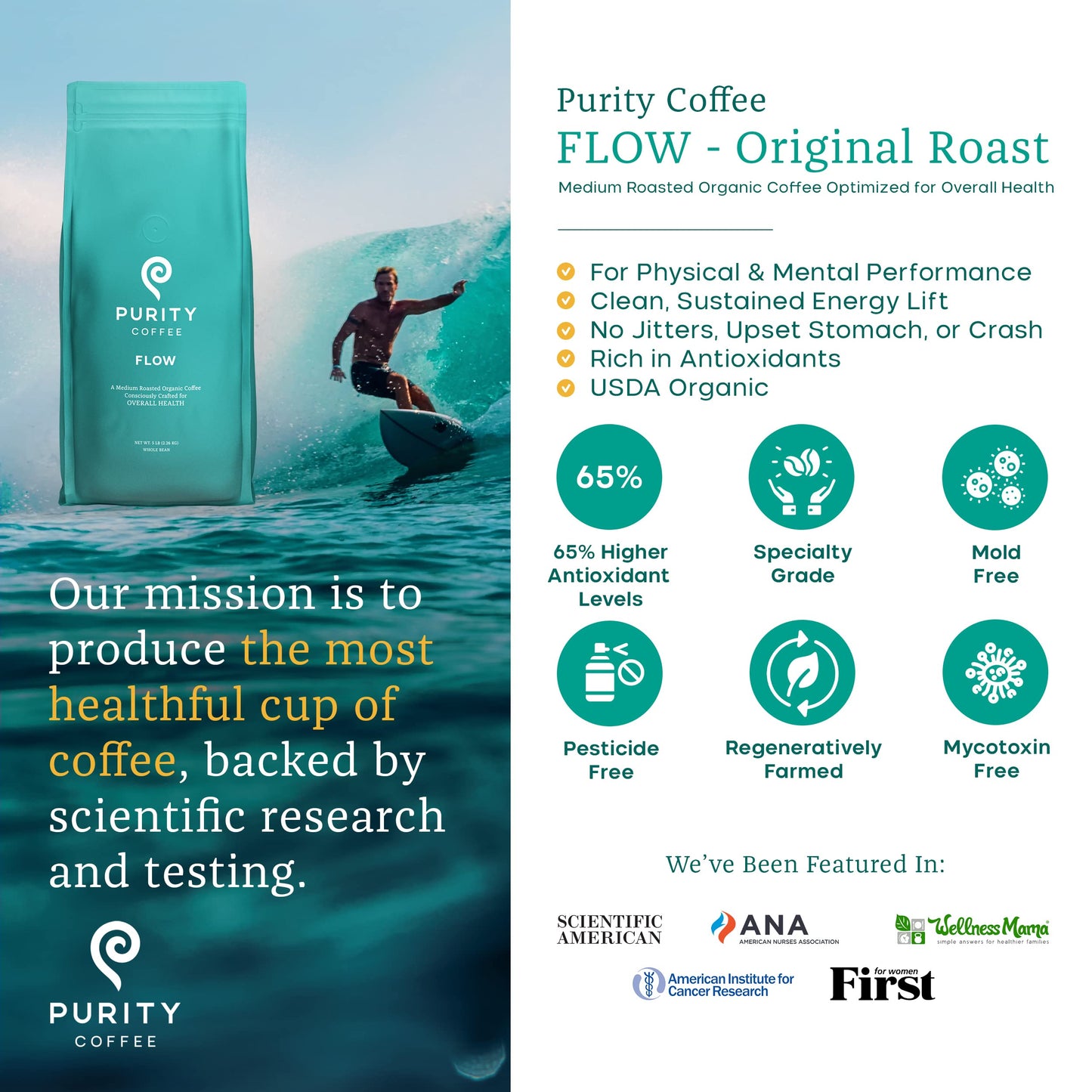 Purity Coffee FLOW Original Medium Roast Whole Bean (5lb Bag) | Specialty-Grade USDA Organic Arabica Blend | Third Party Tested for Mold, Mycotoxins & Pesticides