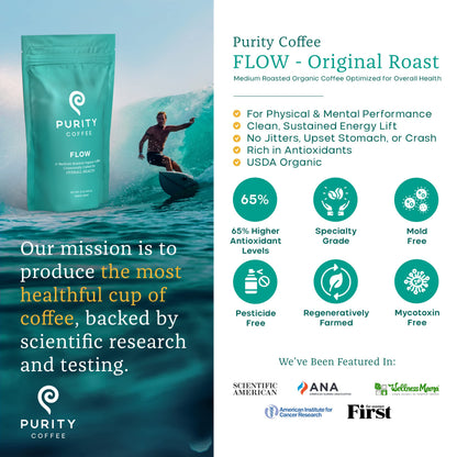 Purity Coffee FLOW Original Medium Roast Whole Bean (12oz Bag) | Specialty-Grade USDA Organic Arabica Blend | Third Party Tested for Mold, Mycotoxins & Pesticides