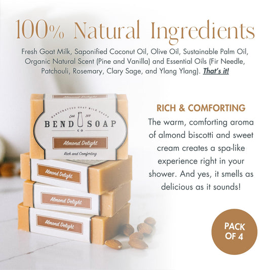 Bend Soap Company All Natural Handmade Goat Milk Soap for Dry Skin Relief, Almond Delight, 4.5 oz Bars, 4 Pack