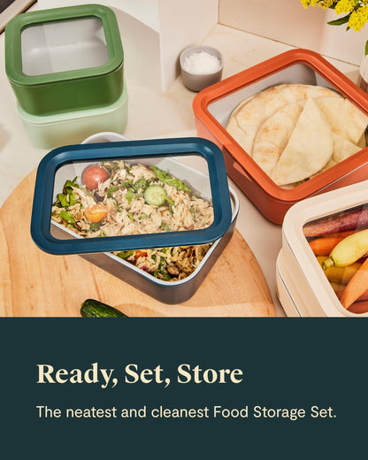 Caraway Glass Food Storage Set, 14 Pieces - Ceramic Coated Food Containers - Easy to Store, Non Toxic Lunch Box Containers with Glass Lids - Includes Storage Organizer & Dot & Dash Inserts - Navy