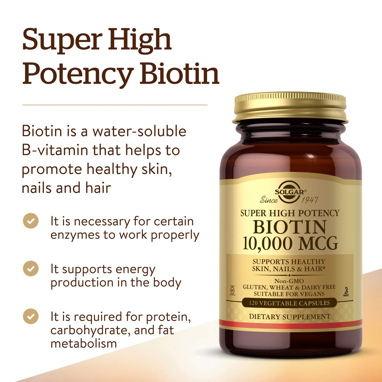 Solgar Biotin 10,000 mcg, 120 Vegetable Capsules - Energy, Metabolism, Promotes Healthy Skin, Nails & Hair - Super High Potency - Non-GMO, Vegan, Gluten, Dairy Free, Kosher - 120 Servings