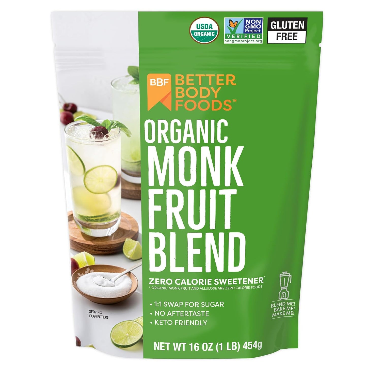 Better Body Foods - Organic Monk Fruit & Allulose Blend (0-Calorie Sugar Substitute) - 16oz Bag