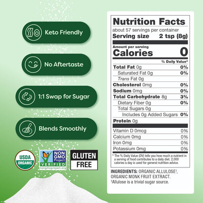 Better Body Foods - Organic Monk Fruit & Allulose Blend (0-Calorie Sugar Substitute) - 16oz Bag